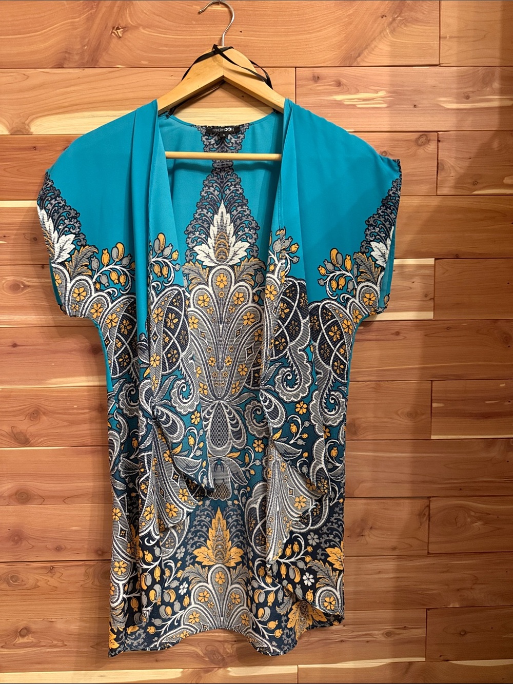 Papermoon Teal Multicolor Printed Poncho-Sleeve Sweater